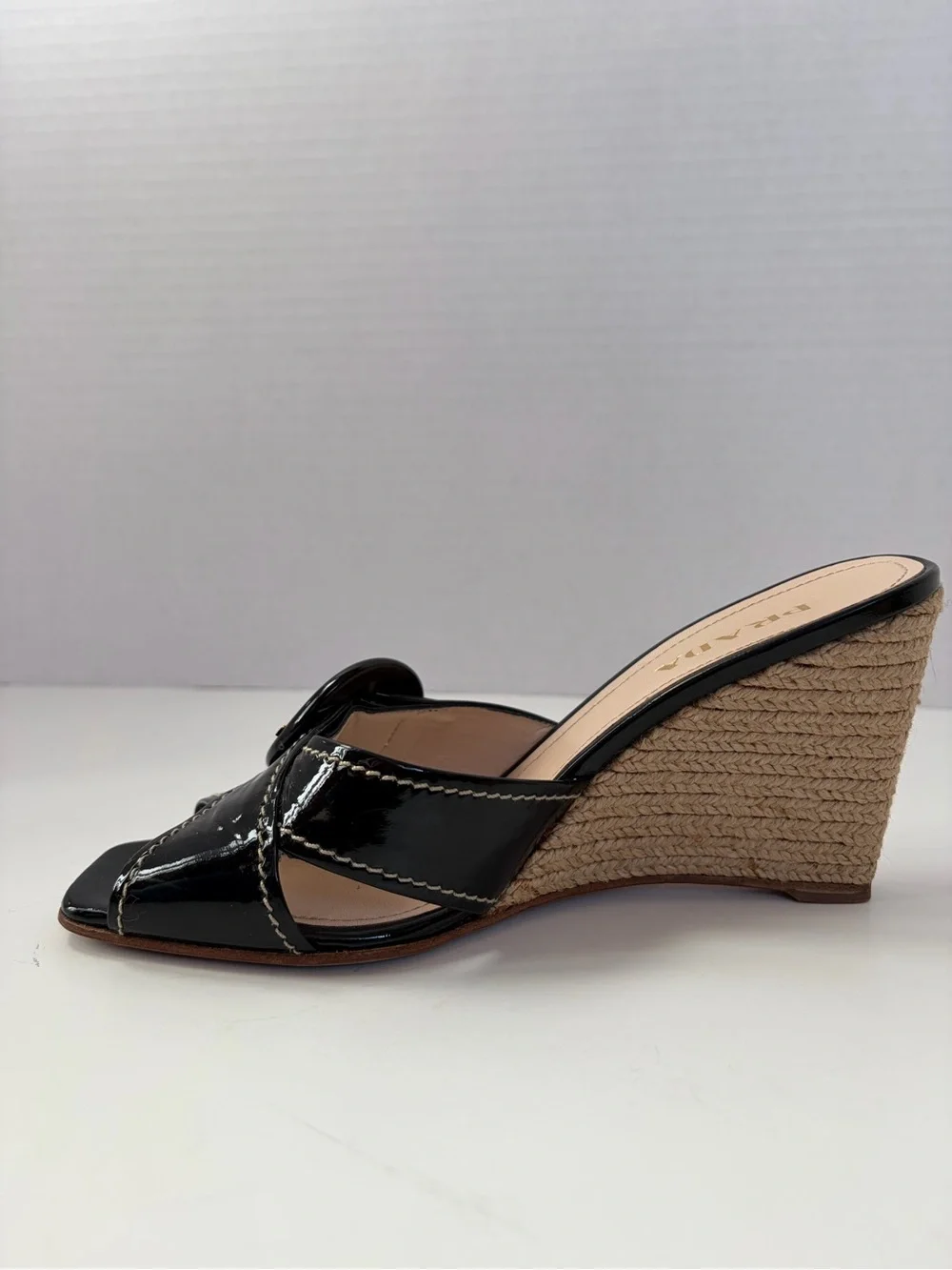 Prada Espadrille Wedge Sandals Vernice Buckle Patent Leather Black Size 38.5